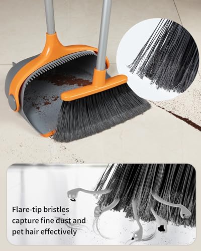 MR.SIGA Broom and Dustpan Set with Long Handle, Stand Upright Broom with Dustpan Combo for Cleaning Office, Garage, Lobby, Lightweight Sweeping Set, 51.7"(131 cm) Long Handle, Gray & Orange - color: Gray & Orange
