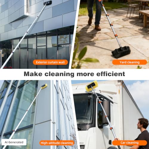 12FT Car Wash Brush with Long Handle, Car Cleaning Brush with 12" Soft Bristle and 12" Hard Bristle, 3-12Ft Telescopic Pole for Scratch-Free Cleaning Truck,RV, Boats,House Siding,Floors,Solar Panels - color: 12ft-orange