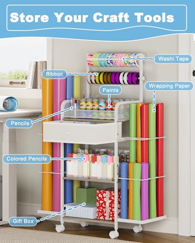 Rsaayekkt Rolling Wrapping Paper Storage Cart with Fabric Drawer White | Vertical gift wrapping organizer storage, fits 12x12 scrapbook paper, heavy duty craft cart with wheels, space saving station - color: White-bilateral