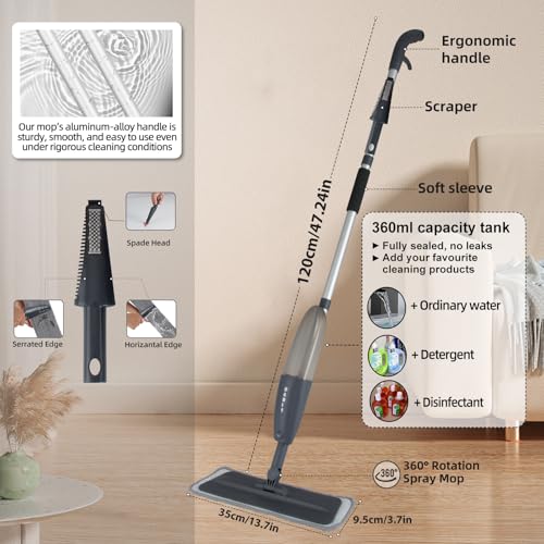 DARIS Spray Mops with 3 Microfiber Pads Dust Mop with 360ml Bottle for Floor Home Cleaning 360 Rotation Wet Dry Mops for Cleaning Hardwood, Laminate, Ceramic