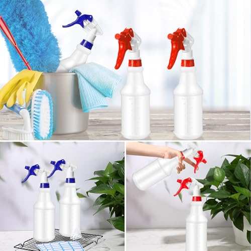 Zubebe 24 Pack 32 oz Plastic Spray Bottle Bulk Empty Leakproof Heavy Duty Spray Bottles for Cleaning Supplies Mist Bottles with Label and Adjustable Nozzle for Plant(Red, Blue,Clear Scale) - color: Red, Blue, style: Clear Scale