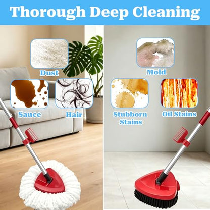Spin Mop Replace Head Compatible with Ocedar EasyWring 1 Tank, Upgraded Scrub Brush Mop Replacement Head, 2 Microfiber Mop Refills, 1 Mop Handle, 1 Mop Base and 1 Mop Base Cleaning Brush Combo Set