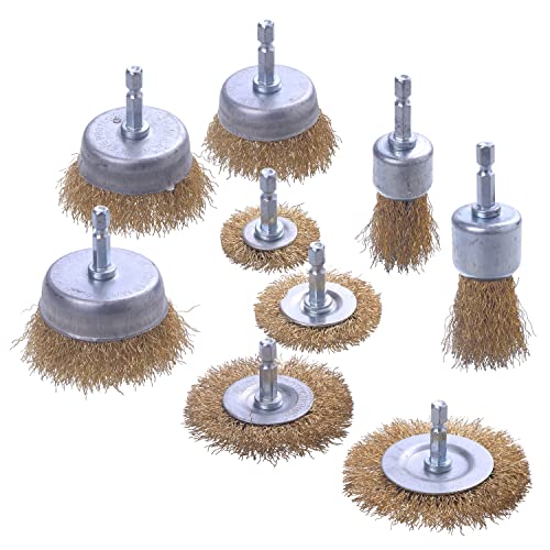 Wire Brush for Drill, 9 Pcs Brass Wire Wheel Brush for Drill, 1/4 Inch Hex Shank, Drill Wire Brush for Cleaning Rust, Stripping - style: Set of 9Pcs