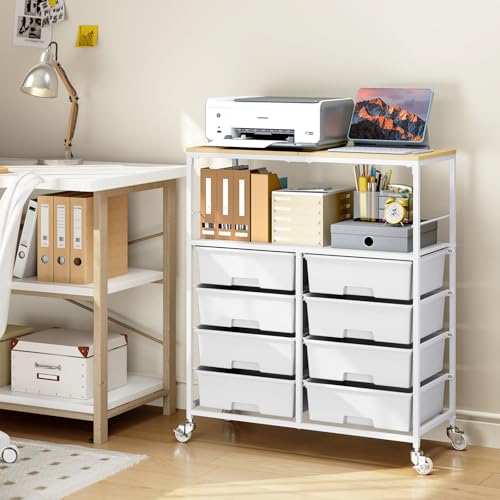 Rolling cart with 8 drawers,Storage drawer cart with wooden tabletop,Lockable wheels organizer for homeschool, arts & crafts, classroom, office & creative spaces (White) - color: White