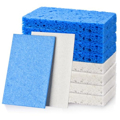 8PCS Compressed Kitchen Sponges for Household Use, Zero Scratch Scrub | Save Space, Premium Dish Sponges Kitchen Natural, Non Scratch Cleaning Sponges for Dishes, Blue & White Dishwashing Brushes