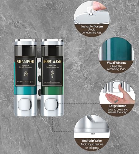 Luxspire Shampoo and Conditioner Dispenser, No Drill Wall Mounted Shower Soap Dispenser 2 Chamber with Waterproof Labels, Easy Refill Soap Dispenser for Bathroom Hotel Kitchen, Silver - color: Silver, size: 2 Chamber