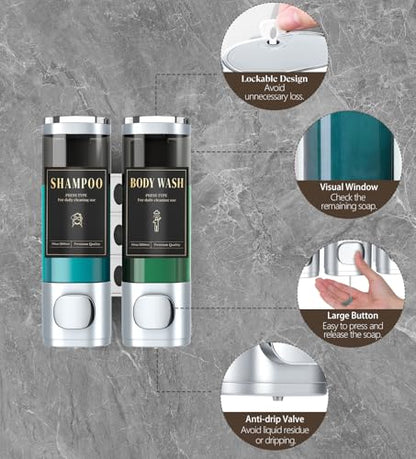 Luxspire Shampoo and Conditioner Dispenser, No Drill Wall Mounted Shower Soap Dispenser 2 Chamber with Waterproof Labels, Easy Refill Soap Dispenser for Bathroom Hotel Kitchen, Silver - color: Silver, size: 2 Chamber