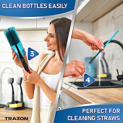 Dish Brush Set of 5 with Holder - Kitchen Scrub Brushes with Non-Slip Long Handle for Cleaning, Scrubber, Dishwashing, Dishes, Bottles, Straws, Cups, Pots & Sink, Black - color: Black, Set of 5 With Holder