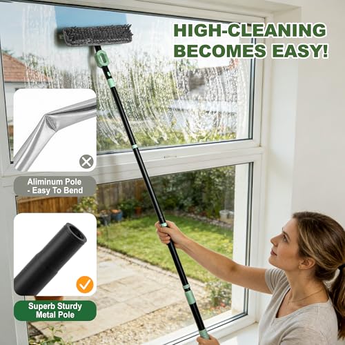 Window Squeegee with Extension Pole, 73.6 Inch Bendable Head Telescoping Long Handle Window Cleaner, 2-in-1 High Window Cleaning Tool Kit for Indoor/Outdoor Window and Car Glass