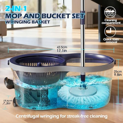 Spin Mop and Bucket Set,Masthome EasyWring Microfiber Spin Mop with 3 Mop Pads,Pedal Spinning Mops and Bucket with Wringer Set for Floor Cleaning - Home & Office Suitable - color: Dark Blue