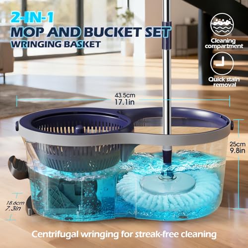 Spin Mop and Bucket Set,Masthome EasyWring Microfiber Spin Mop with 3 Mop Pads,Pedal Spinning Mops and Bucket with Wringer Set for Floor Cleaning - Home & Office Suitable - color: Dark Blue