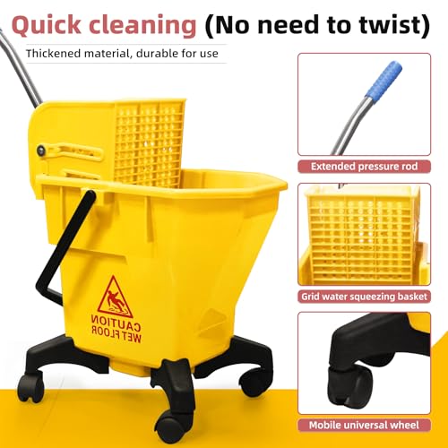 6.6 Gallons Mop Bucket with Wringer - Non-Tip Design & Heavy-Duty Plastic, Spin Mop System for Hardwood Floors, Space-Saving Single Bucket (Yellow, 6.6 Gallons)