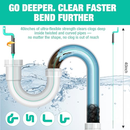Bathroom Drain Hair Remover Tool with Rotating Handle, Reinforced Steel Core Drain Snake Cleaner for Shower, Bathtub and Bathroom Sink, Flexible Hair Clog Removal Tool for Narrow Drains(6PCS)