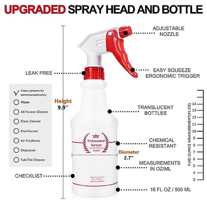 Uineko Plastic Spray Bottle (4 Pack, 16 Oz, All-Purpose) Heavy Duty Spraying Bottles Leak Proof Mist Empty Water Bottle for Cleaning Solution Planting Pet with Adjustable Nozzle and Measurements - size: 16 Oz, 4 Pack