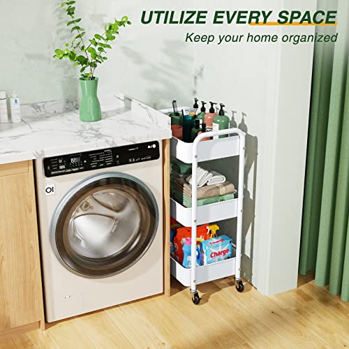 LEHOM 3 Tier Rolling Cart, Metal Rolling Utility Cart with Lockable Wheels & Hooks, Multi-Functional Heavy Duty Storage Cart Organizer for Bathroom, Kitchen, Office, Living Room - color: White