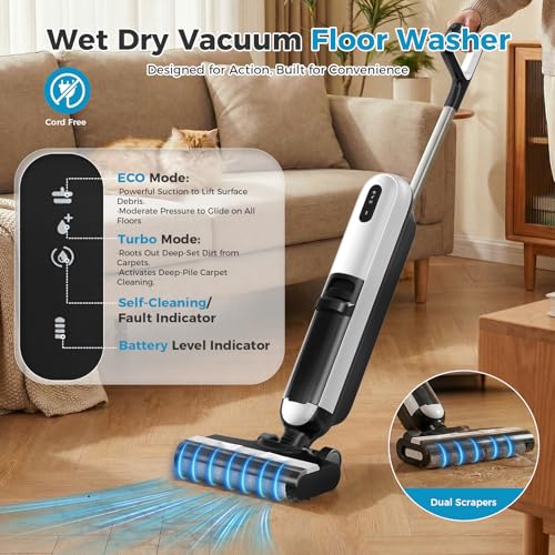 OLIXIS Wet Dry Vacuum Cleaner, Cordless All-in-One Vac Mops, Vacuum Mop with Self-Cleaning System, Dual Water Tank Design, Tangle-Free Brush, Dual-Edge Cleaning, 35-Min Runtime - color: White
