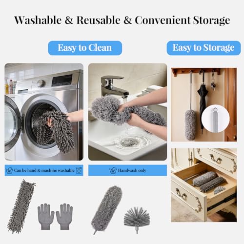 Microfiber Feather Duster 5-in-1 Kit with Extension Pole, Washable Cleaning Duster Set with 3 Duster Heads, Cobweb Duster, Corner Brush, 100'' Extendable Long Duster for High Ceilings, Fans, Furniture - size: 5PCS: Cobweb Brush & Chenille Duster & Gloves