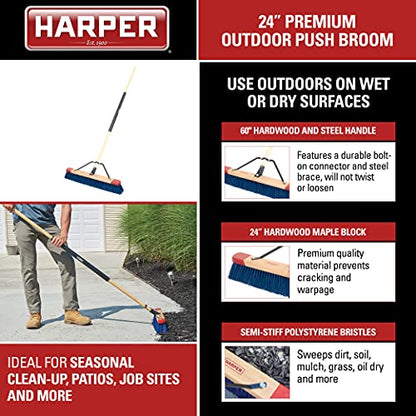Harper 24 Inch Push Broom with Stiff Bristles, Premium Heavy Duty Outdoor Wet/Dry Rough-Surface, for Mulch, Gravel, Oil Dry, Dirt, Soil, with Long Wooden Handle - style: Premium Outdoor Wet/Dry Rough-Surface Push Broom
