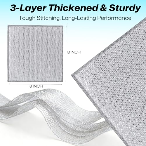 12Pcs 3-Layer Silver Wire Dish Cloths, Non-Scratch Reusable Kitchen Cleaning Rags, Wet Dry Use for Cookware Sink Stove, 8×8 Inch