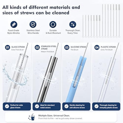 14 Pack Straw Cleaner Brush Set, 8 Inch and 12 Inch Multi-Size Flexible Nylon Cleaning Brushes, Rust-Proof Stainless Steel for Tumbler Cup, Sippy Cup, Water Bottle and Pipe