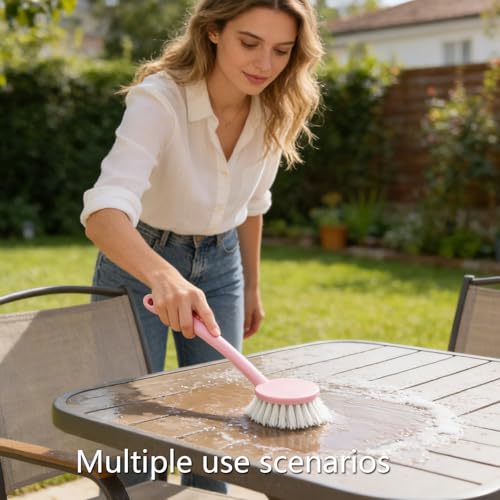 Dish Brush with Handle 2PCS Stiff Bristles Dish Scrubber Long Handle Kitchen Scrub Brush for Cleaning Dishes, Pots and Pans, Kitchen Sink (2PCS, 9.44x2.75 in) - color: Pink 2pcs