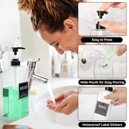 Segbeauty 33.8oz Plastic Soap Dispenser Bathroom, 2pcs Large Capacity Shampoo and Conditioner Dispenser, Square 1000ml Hand Soap Bottle Refillable, Clear Empty Pump Bottles with Waterproof Labels - color: Clear, style: 2pcs
