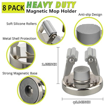 ULIBERMAGNET Magnetic Mop Broom Holder,Heavy Duty Movable Magnetic Tools Holder,Anti-Slip Magnet Mounted Utility Storage Mop Shovel Hanger for Garage, Kitchen, Laundry, Garden(8 Pack/Silver) - style: 10LB 8PCS Magnetic Mop Holder
