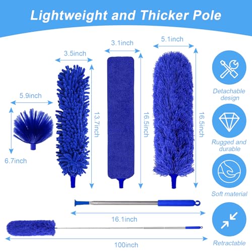 5-in-1 Kit Dusters for Cleaning, Duster with Extension Pole, Extendable Duster with 100 Inches, Microfiber Dusters, Webster Cobweb Duster for Cleaning Ceiling Fans, Furniture, Blinds - Blue - color: Blue