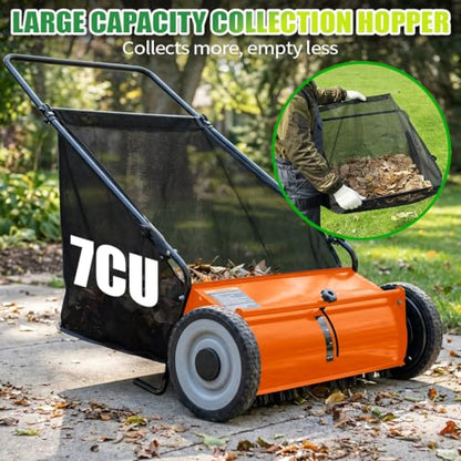 PPOLB 26" Push Lawn Sweeper, 7 cu.ft Large Capacity Yard Sweeper Push, 5:1 High-Density 4 Brushes, Adjustable Height, Heavy Duty Leaf Collector with Detachable Hopper, Rubber Wheels, Ergonomic Handle - color: Orange