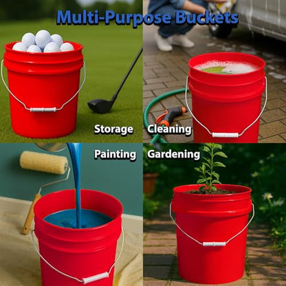 MKS Plastics 5-Gallon Bucket with Airtight Lid – Made in USA, Food Grade BPA Free Plastic, Heavy Duty Multi-Use, Metal Handle with Grip, Stackable Storage – Red, 3 Pack - color: Red, size: 3