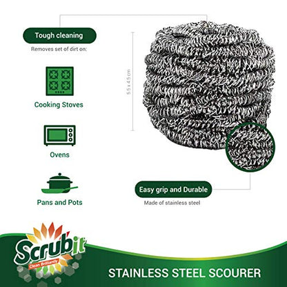 SCRUBIT 12 Pack Stainless Steel Scourers – Steel Wool Scrubber Pad Used for Dishes, Pots, Pans, and Ovens. Easy scouring for Tough Kitchen Cleaning. - size: 6 Count (Pack of 2)