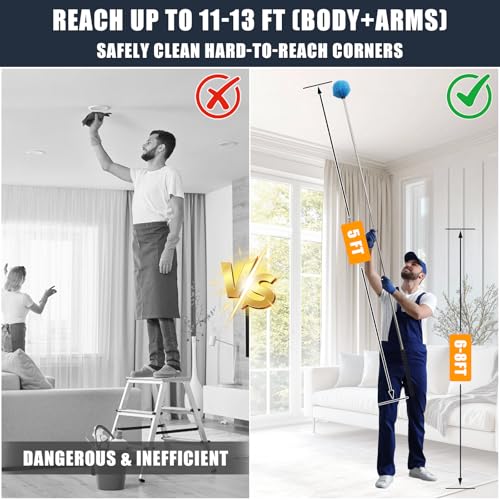 Cobweb Duster with 5FT Extension Pole, Adjustable Stainless Steel Handle & Stiff Bristles – Lightweight Dusting Brush for Indoor/Outdoor Cleaning –Ceiling Fans,Corners,Eaves,Vents,Cleans Up to 12FT - size: 5 FT（REACH UP TO 12FT）