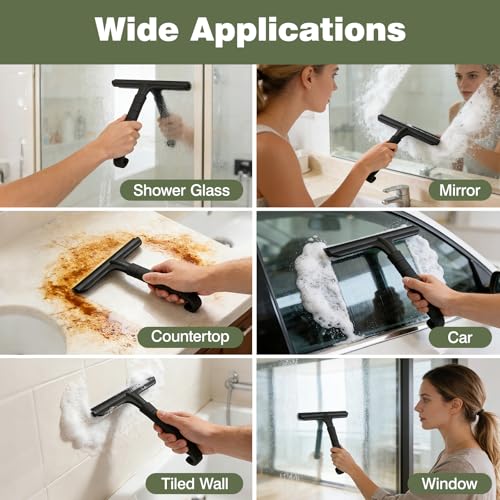 Roylvan Silicone Shower Squeegee, All-in-One Shower Squeegee for Glass Doors with Built-in Hook, Household Window Mirror Cleaner for Bathroom Glass Kitchen Tile Wall Car, Black