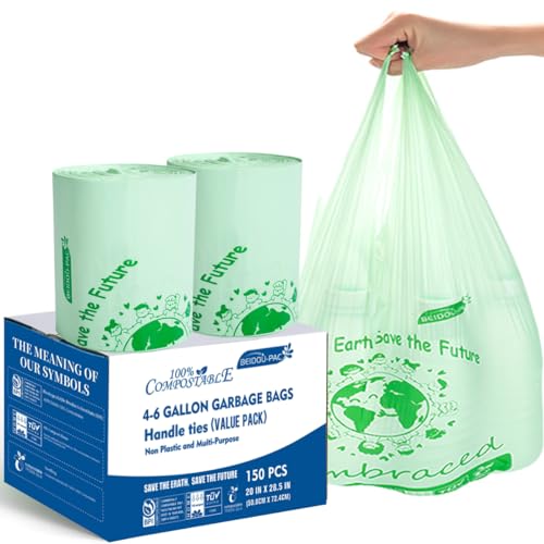 BEIDOU-PAC 4-6 Gallon Compostable Trash Bags, 150 Count Kitchen Trash Bags with Handle, Sturdy Compost Garbage Bags for Food Scrap Waste, ASTM D6400, US BPI Certified - style: Handle | 4-6 Gallon | 150 Count