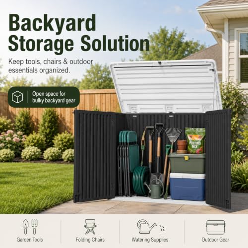 ADDOK 38 Cu.Ft Outdoor Storage Shed with Floor,Large Waterproof Resin Storage Cabinet with Lift-Up Lid,Double Doors and Lockable Design for Lawn Mower,Garden Tools, Patio,Backyard and Pool Supplies - size: Black 38 Cu.Ft