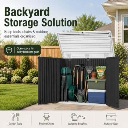 ADDOK 38 Cu.Ft Outdoor Storage Shed with Floor,Large Waterproof Resin Storage Cabinet with Lift-Up Lid,Double Doors and Lockable Design for Lawn Mower,Garden Tools, Patio,Backyard and Pool Supplies - size: Black 38 Cu.Ft