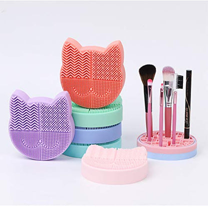 Silicon Makeup Brush Cleaner Mat with Brush Drying Holder Brush Portable Cat Shaped Cosmetic Brush Cleaner Pad cleaning mat manual make up brush cleaner cleanser machine(New Lavender) - color: New Lavender