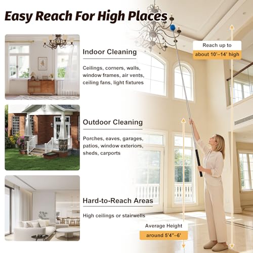 Cobweb Duster Brush with Extension Pole,Lightweight 5ft Long Spider Web Cobwebs Ceiling Fan Dust Cleaning Brush Kit with Washable Head for Furniture, Eaves, VentRoof House Cleaning up to 14ft - size: 8FT