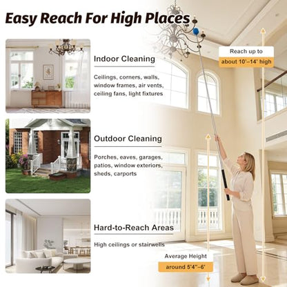 Cobweb Duster Brush with Extension Pole,Lightweight 5ft Long Spider Web Cobwebs Ceiling Fan Dust Cleaning Brush Kit with Washable Head for Furniture, Eaves, VentRoof House Cleaning up to 14ft - size: 8FT