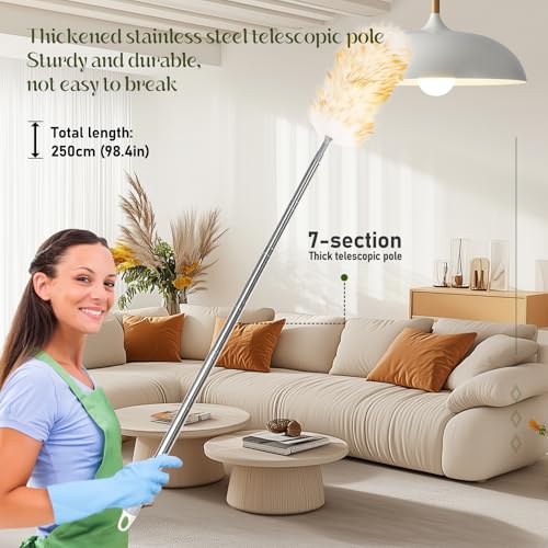 Lambswool Duster for Cleaning with Non-Slip Handle 98.4" Removable Retractable Feather Duster for Cleaning Ceiling Fans Window Blinds Interior Roof Furniture(1PCS) - size: 98.4Inch
