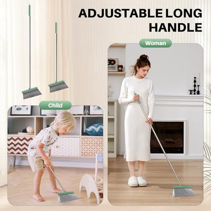 JOYMOOP Dark Teal Green Broom and Dustpan Set, Upright Angle with Built-in Comb Teeth, Ideal for Home, Office, Hardwood, Pet Hair - color: Dark Teal Green
