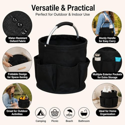 Foldable Cleaning Caddy Bag, Cleaning Supplies Organizer, Portable Multifunctional Cleaning Bucket Caddy with Handle for Household Outdoor Storage(Black)