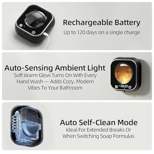 Automatic Soap Dispenser Touchless, Wall Mount Foam Hand Soap Dispenser, 5 Adjustable Foam Levels, Rechargeable 120-Day Battery, IPX5 Waterproof LED Clock for Bathroom Kitchen Sink 320ML (Black) - color: Foam Black