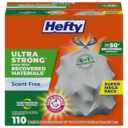 Hefty Ultra Strong Made with 50% Recovered Materials* Tall Kitchen Trash Bags, Gray, Unscented, 13 Gallon, 110 Count - size: 110 Count (Pack of 1), style: Unscented