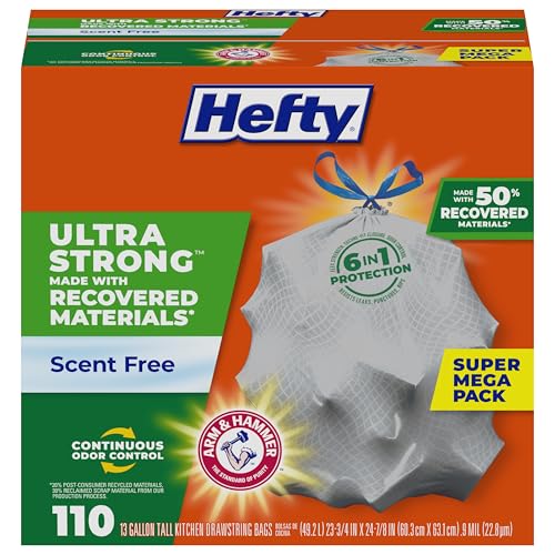 Hefty Ultra Strong Made with 50% Recovered Materials* Tall Kitchen Trash Bags, Gray, Unscented, 13 Gallon, 110 Count - size: 110 Count (Pack of 1), style: Unscented