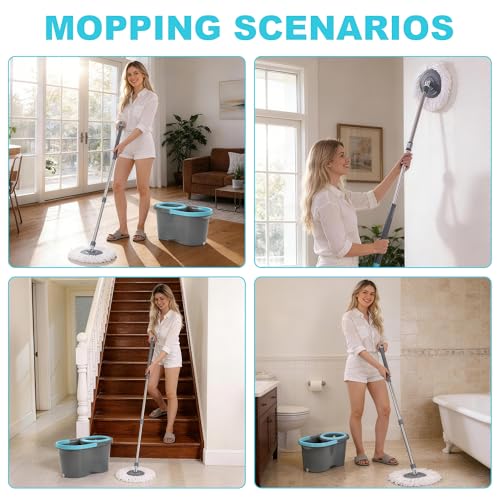 JOYMOOP Spin Mop and Bucket, 360° Mop Head & Telescopic Handle, Wet and Dry Use, 4 Reusable Microfiber Refills, Hands-Free Cleaning for Hardwood, Tile, Laminate Floors & Walls - size: Bucket # SUPER 8 + 4 Mop Pads