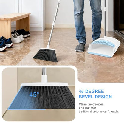 Broom with Dustpan Combo Set for Home, 52-in Long Adjustable Handle Angle Broom and Dustpan Set with Dustpan Comb Teeth for Sweeping Pet Hair Food Dirt Kitchen (White-Blue) - color: White-blue