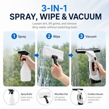 Window Vacuum Squeegee Cordless, Electric Window Cleaner with 2000Pa Suction, Window Vacuum Cleaner Tool with 2200mAh Battery for Shower Glass Doors, Mirrors, Tiles and Car Windows (White)