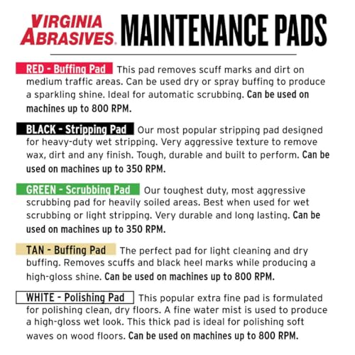 Virginia Abrasives Green Floor Maintenance Pads, Heavy Duty Non-Woven Scrub Pads for Floor Scrubber Machine & Orbital Machines, Deep Cleaning & Light Stripping for Heavily Soiled Floors, 20" - 5 Pack - size: 20"