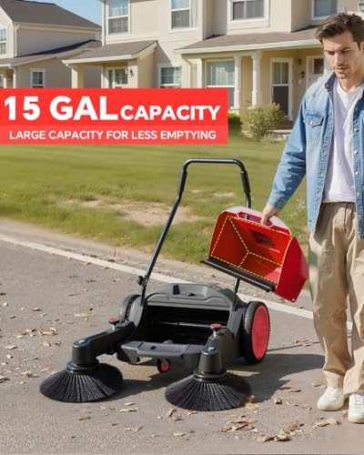 41" Industrial Walk-Behind Hand Push Floor Sweeper | 14.5 Gallon Large Capacity, 46000 SqFt/Hour, Indoor, Outdoor Use Cleaning of Dust Litter Grass - color: Red